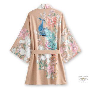 Champagne Floral Blossom Peacock Boho Kimono Robe